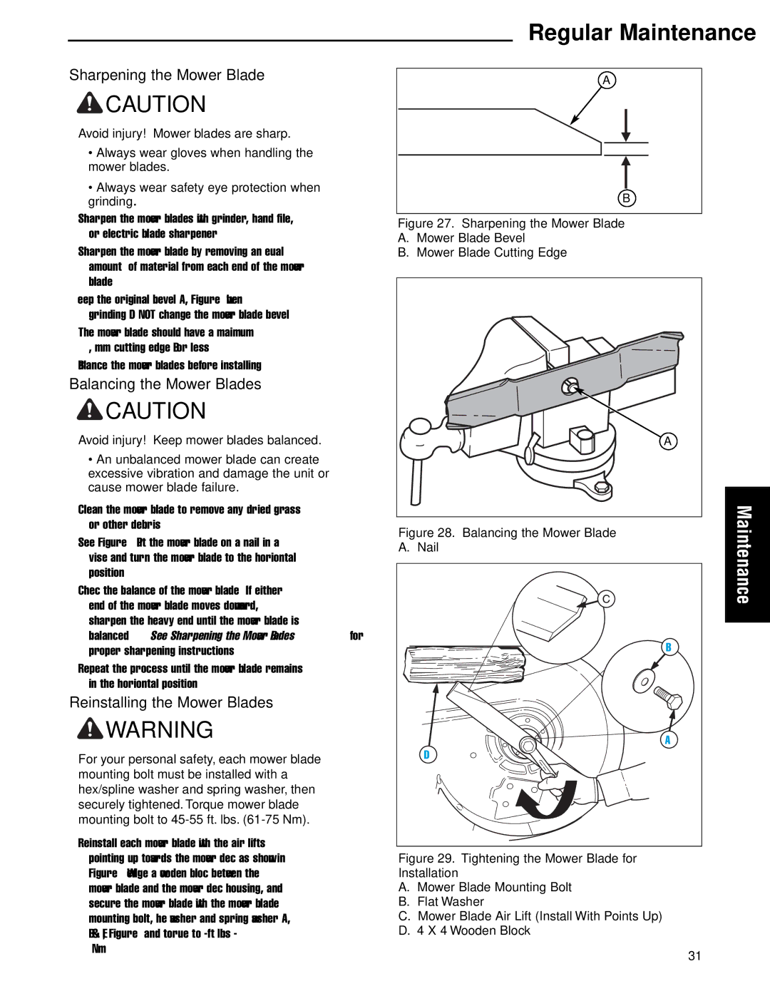 Ferris Industries 5900751, 5900761 Sharpening the Mower Blade, Balancing the Mower Blades, Reinstalling the Mower Blades 