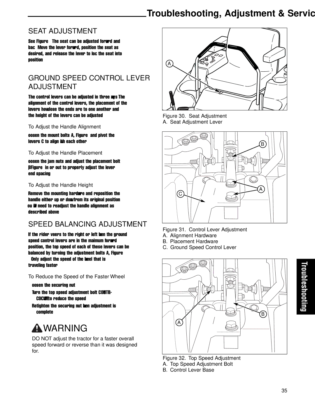 Ferris Industries 5900751, 5900761 manual Seat Adjustment, Ground Speed Control Lever Adjustment, Speed Balancing Adjustment 