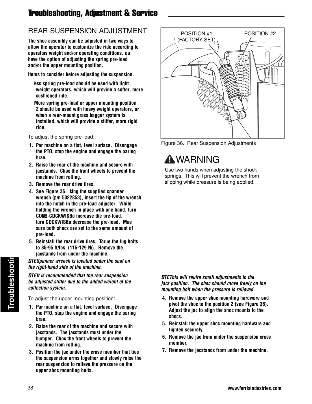 Ferris Industries 5900761 Rear Suspension Adjustment, To adjust the spring pre-load, To adjust the upper mounting position 