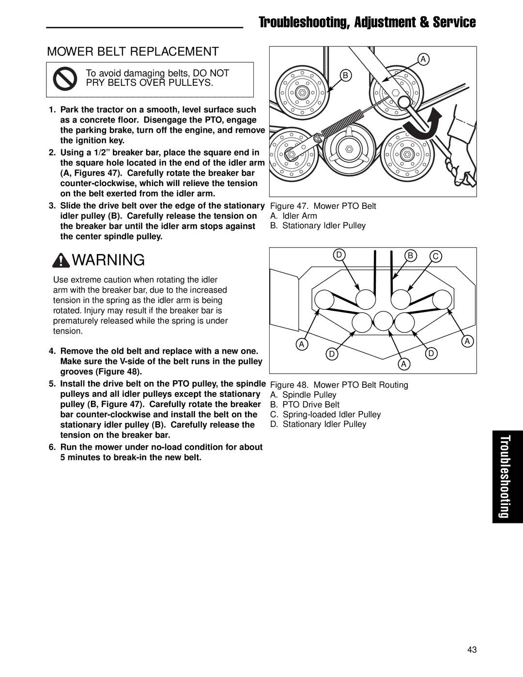 Ferris Industries 5900751, 5900761 manual Mower Belt Replacement, Mower PTO Belt Idler Arm Stationary Idler Pulley 