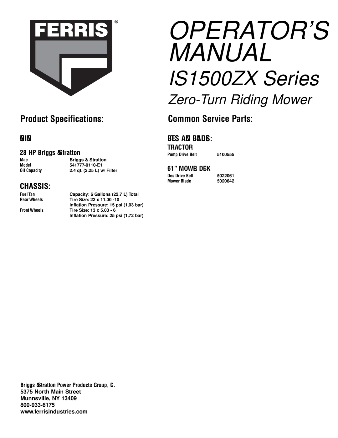 Ferris Industries 5900761, 5900751 manual Belts and Blades, Tractor, Mower Deck 