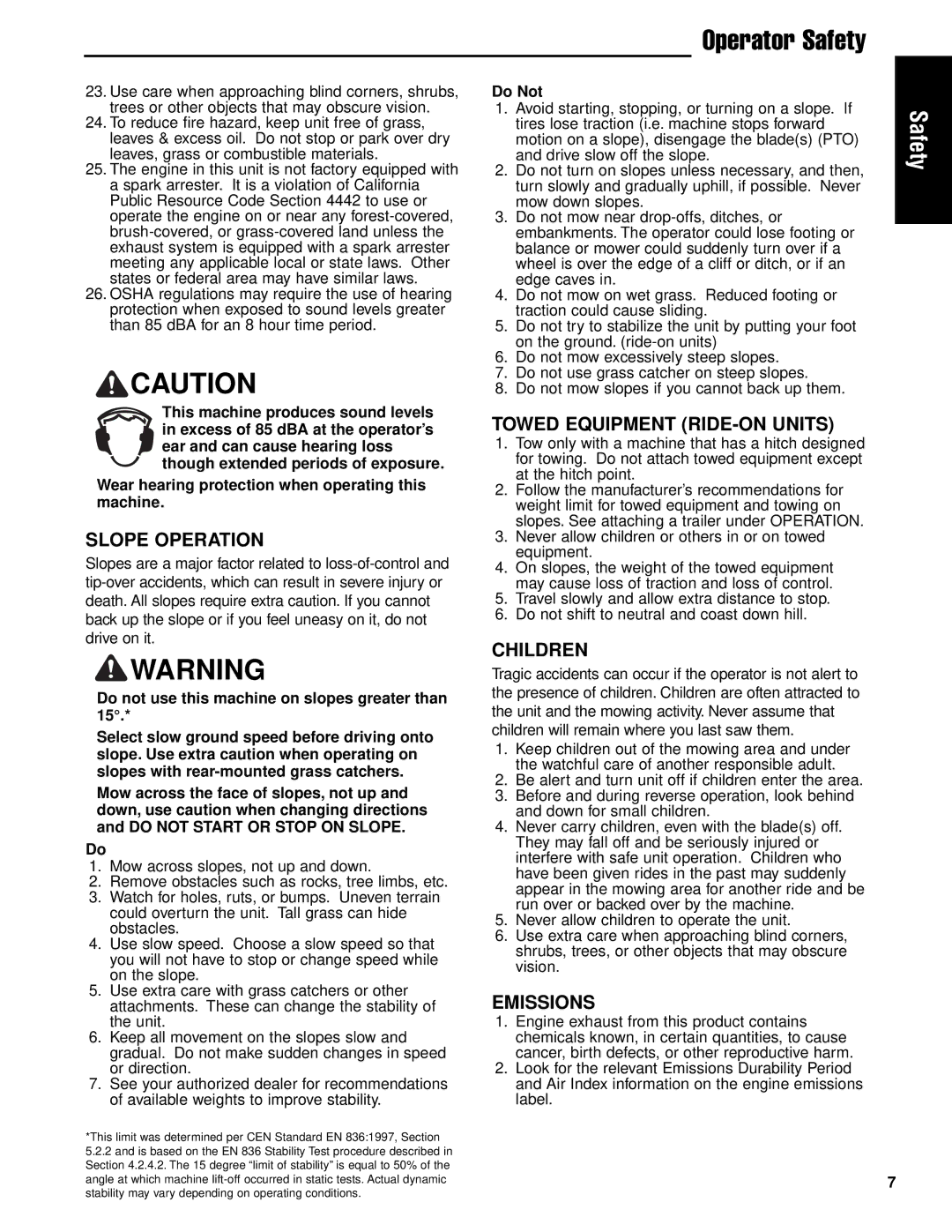 Ferris Industries 5900751, 5900761 manual Slope Operation, Towed Equipment RIDE-ON Units, Children, Emissions, Do Not 