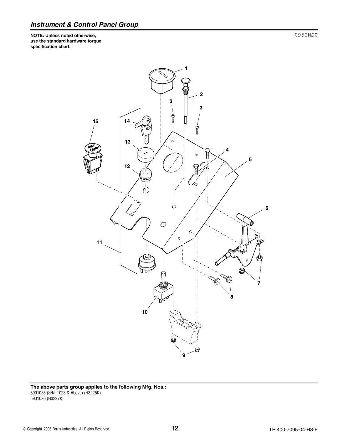 Ferris Industries 5901036, 5901035, 5900228, 5900227 manual Instrument & Control Panel Group, 095INS0 