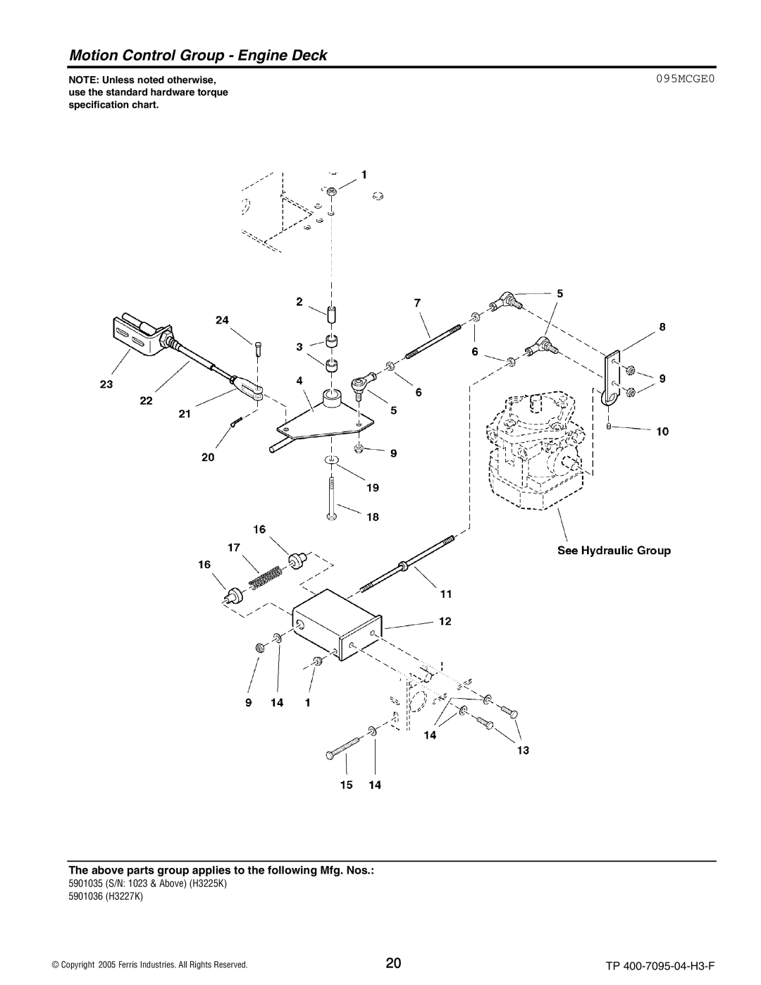 Ferris Industries 5901036, 5901035, 5900228, 5900227 manual Motion Control Group Engine Deck, 095MCGE0 