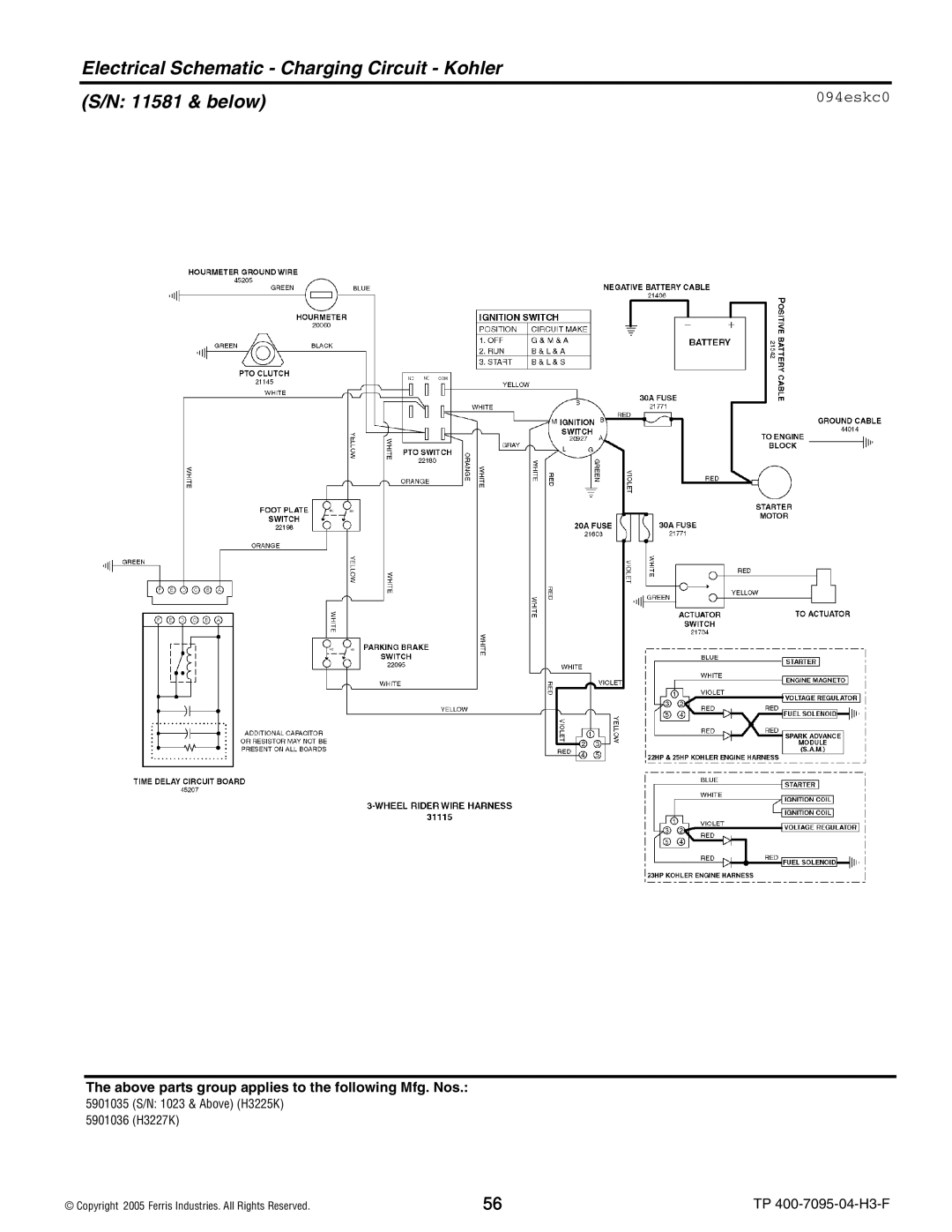 Ferris Industries 5901036, 5901035, 5900228, 5900227 Electrical Schematic Charging Circuit Kohler 11581 & below, 094eskc0 