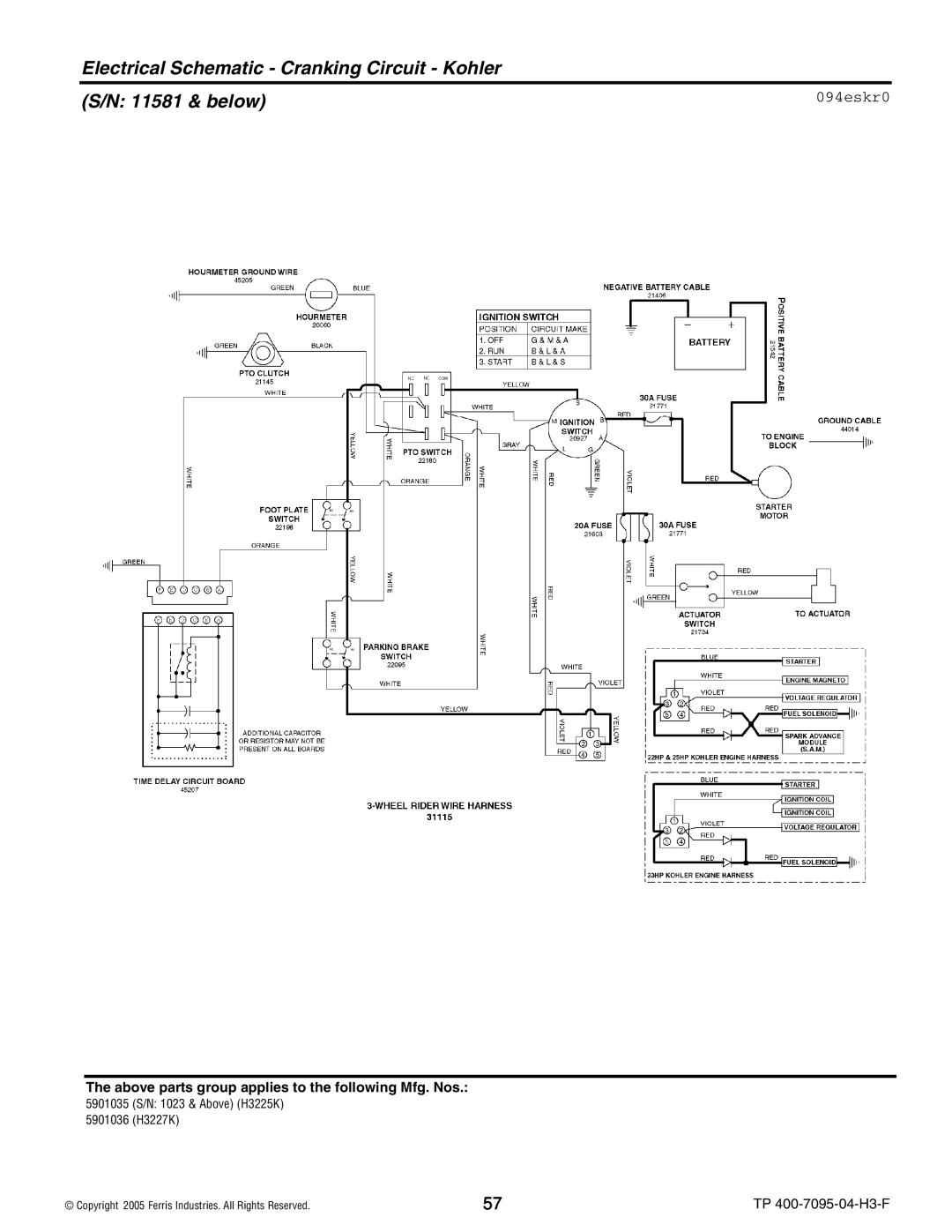 Ferris Industries 5901035, 5901036, 5900228, 5900227 Electrical Schematic Cranking Circuit Kohler 11581 & below, 094eskr0 