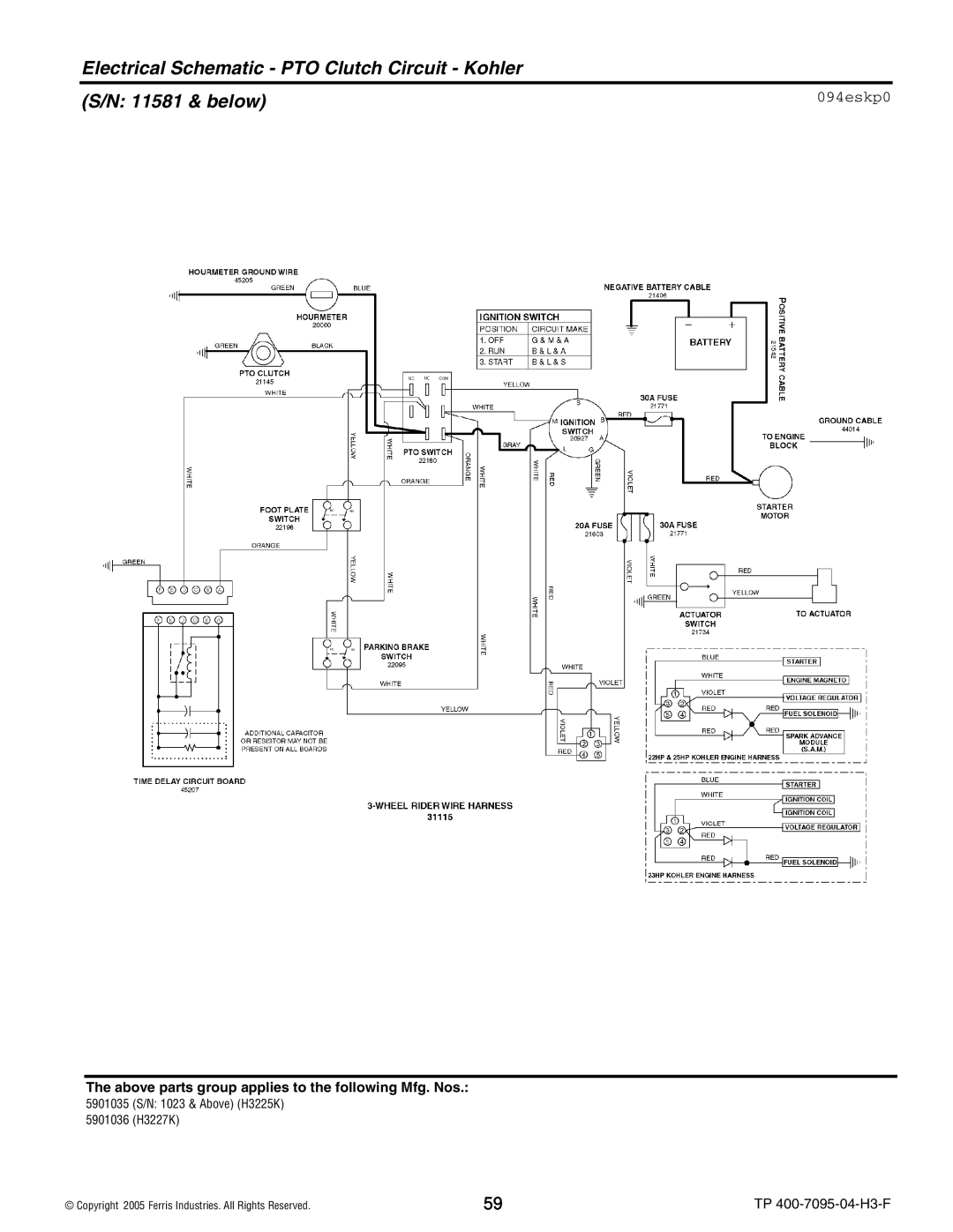 Ferris Industries 5900227, 5901036, 5901035, 5900228 Electrical Schematic PTO Clutch Circuit Kohler 11581 & below, 094eskp0 