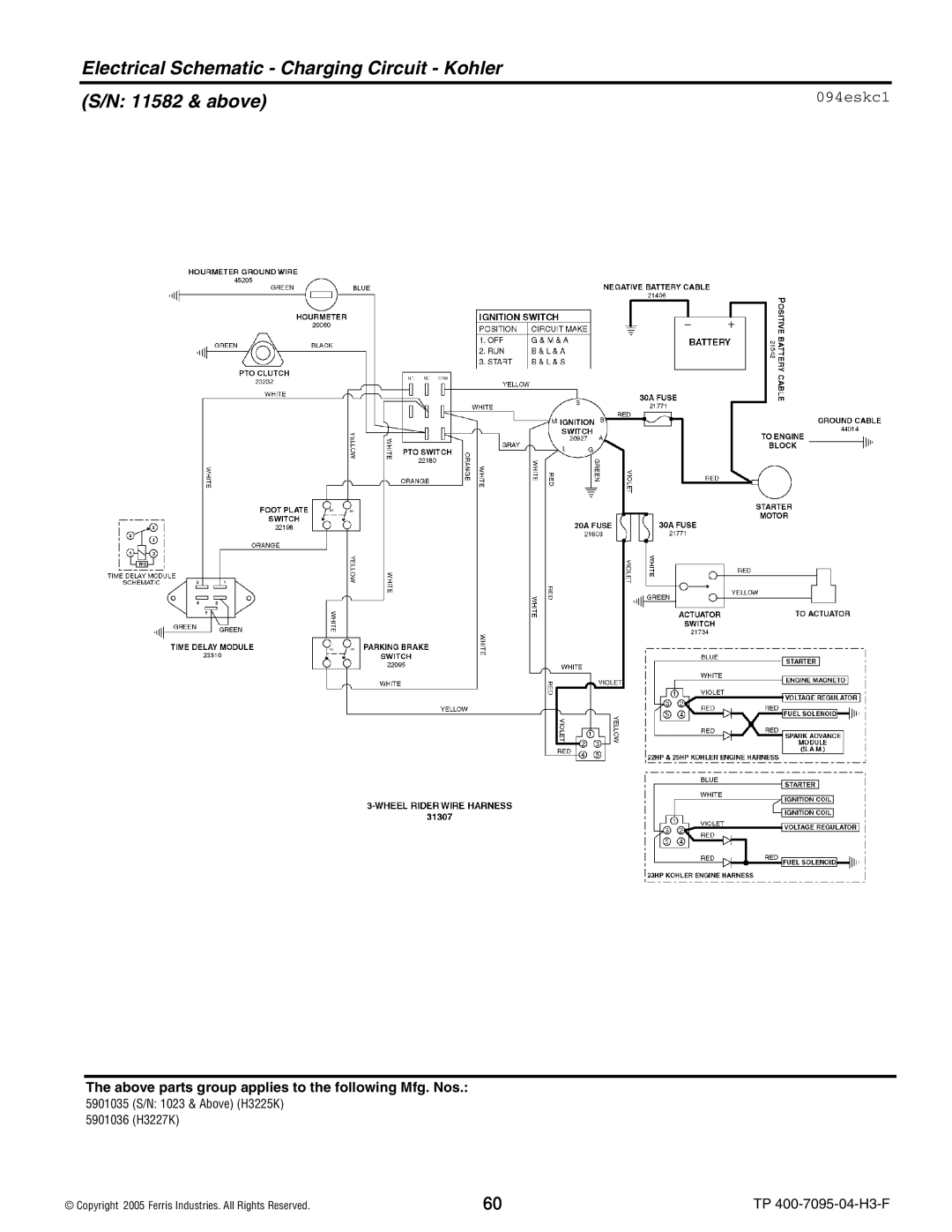 Ferris Industries 5901036, 5901035, 5900228, 5900227 Electrical Schematic Charging Circuit Kohler 11582 & above, 094eskc1 