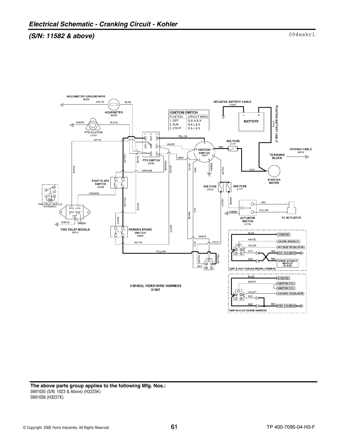 Ferris Industries 5901035, 5901036, 5900228, 5900227 Electrical Schematic Cranking Circuit Kohler 11582 & above, 094eskr1 