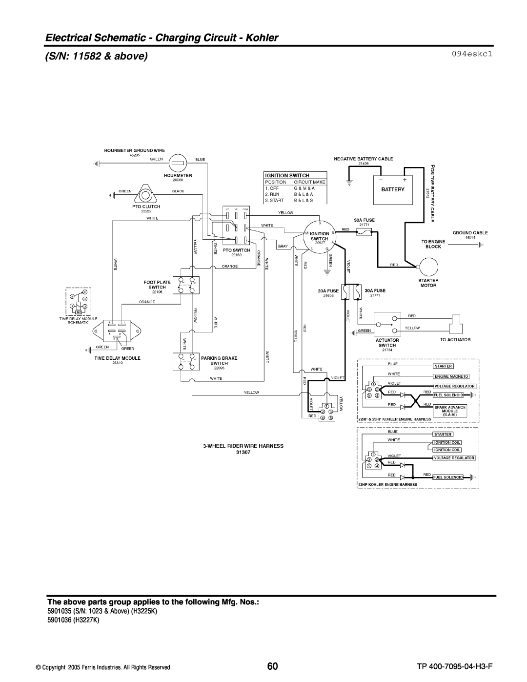 Ferris Industries 5901036, 5901035, 5900228 S/N: 11582 & above, 094eskc1, Electrical Schematic - Charging Circuit - Kohler 