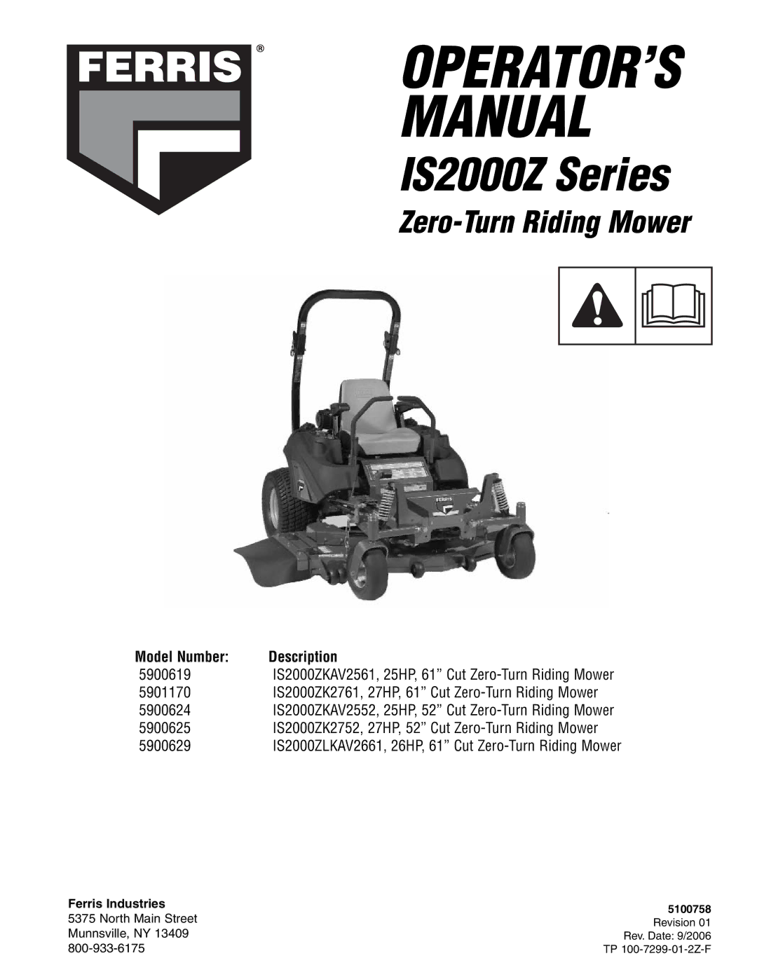 Ferris Industries 5900629, 5901170, 5900625, 5900624, 5900619 manual Description, Model Number, Ferris Industries 