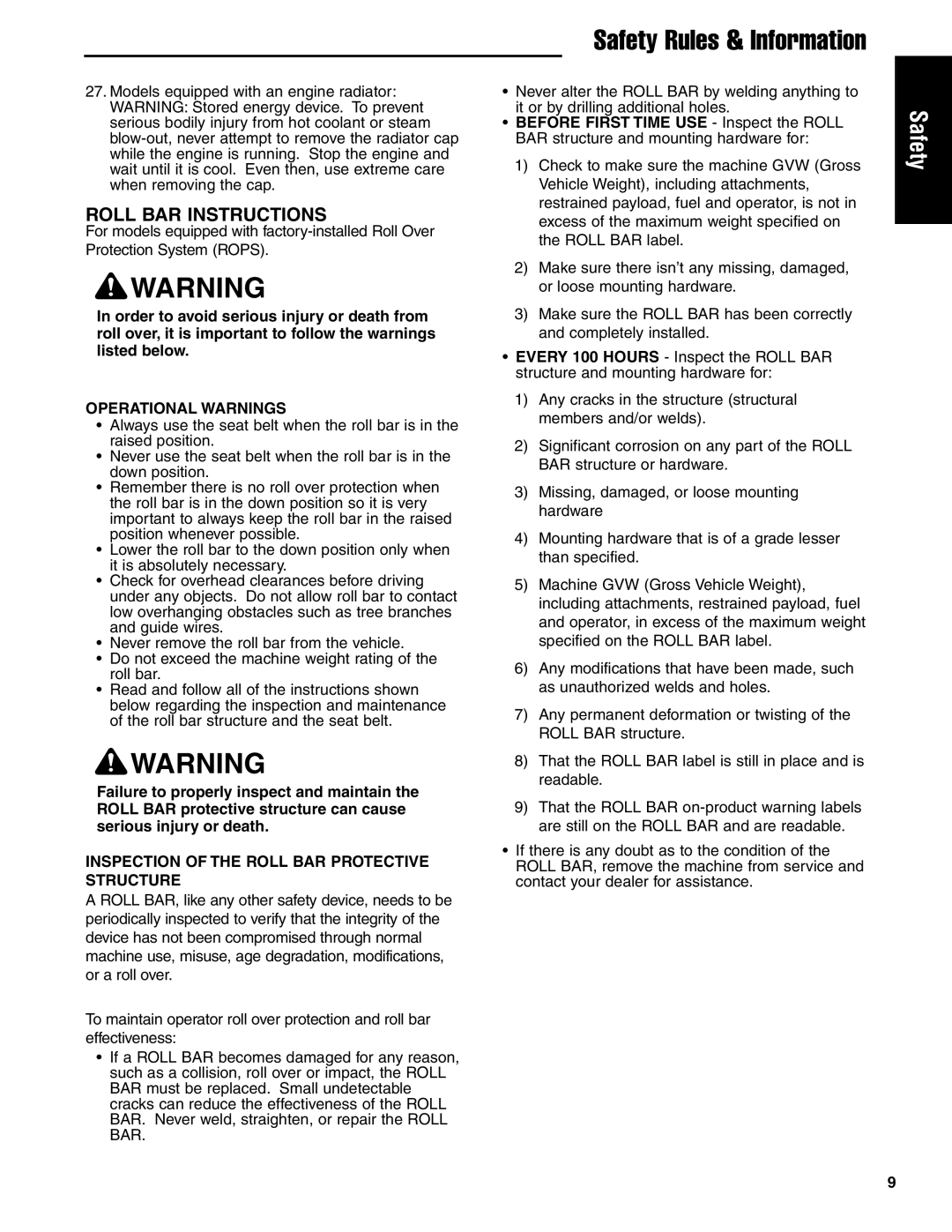 Ferris Industries 5900629, 5901170, 5900625, 5900624, 5900619 manual Roll BAR Instructions, Operational Warnings 