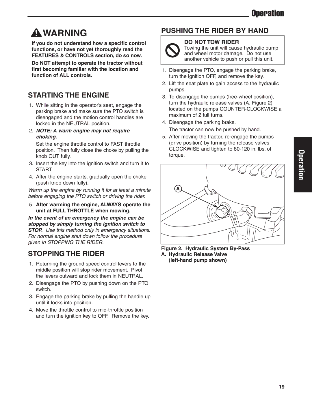 Ferris Industries 5900629, 5901170, 5900625, 5900624 manual Starting the Engine, Stopping the Rider, Pushing the Rider by Hand 