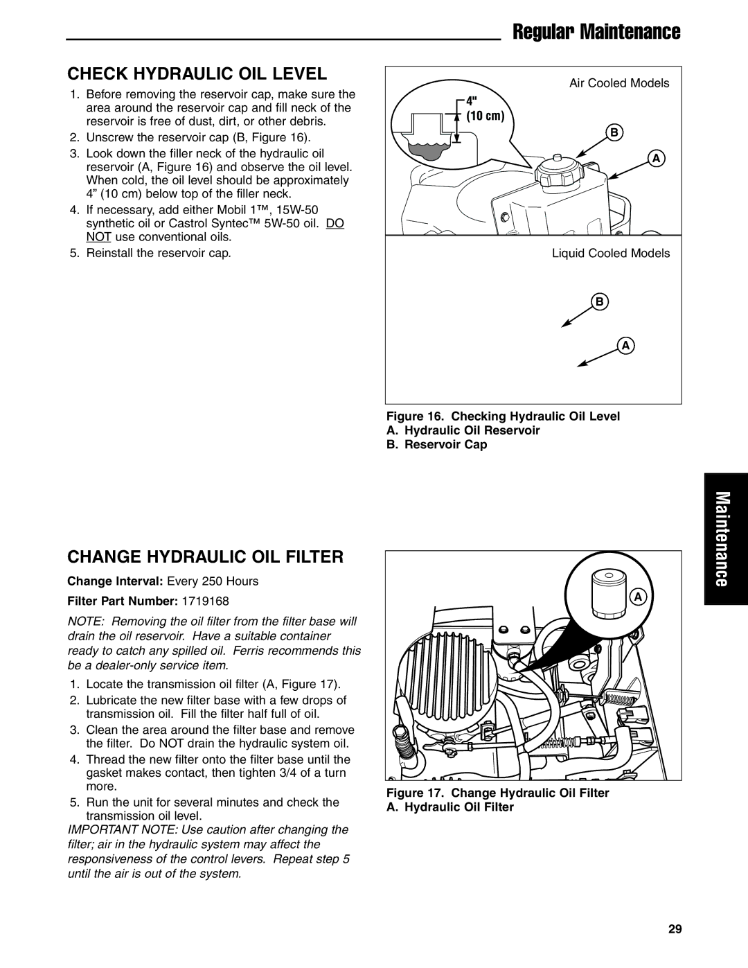 Ferris Industries 5900629 Check Hydraulic OIL Level, Change Hydraulic OIL Filter, Air Cooled Models, Liquid Cooled Models 