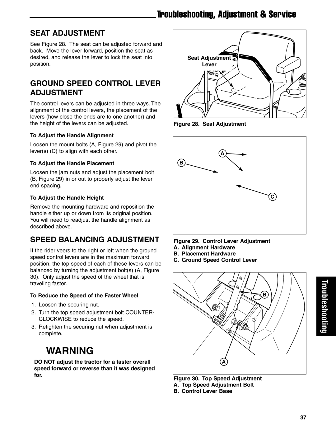 Ferris Industries 5900619, 5901170 manual Seat Adjustment, Ground Speed Control Lever Adjustment, Speed Balancing Adjustment 