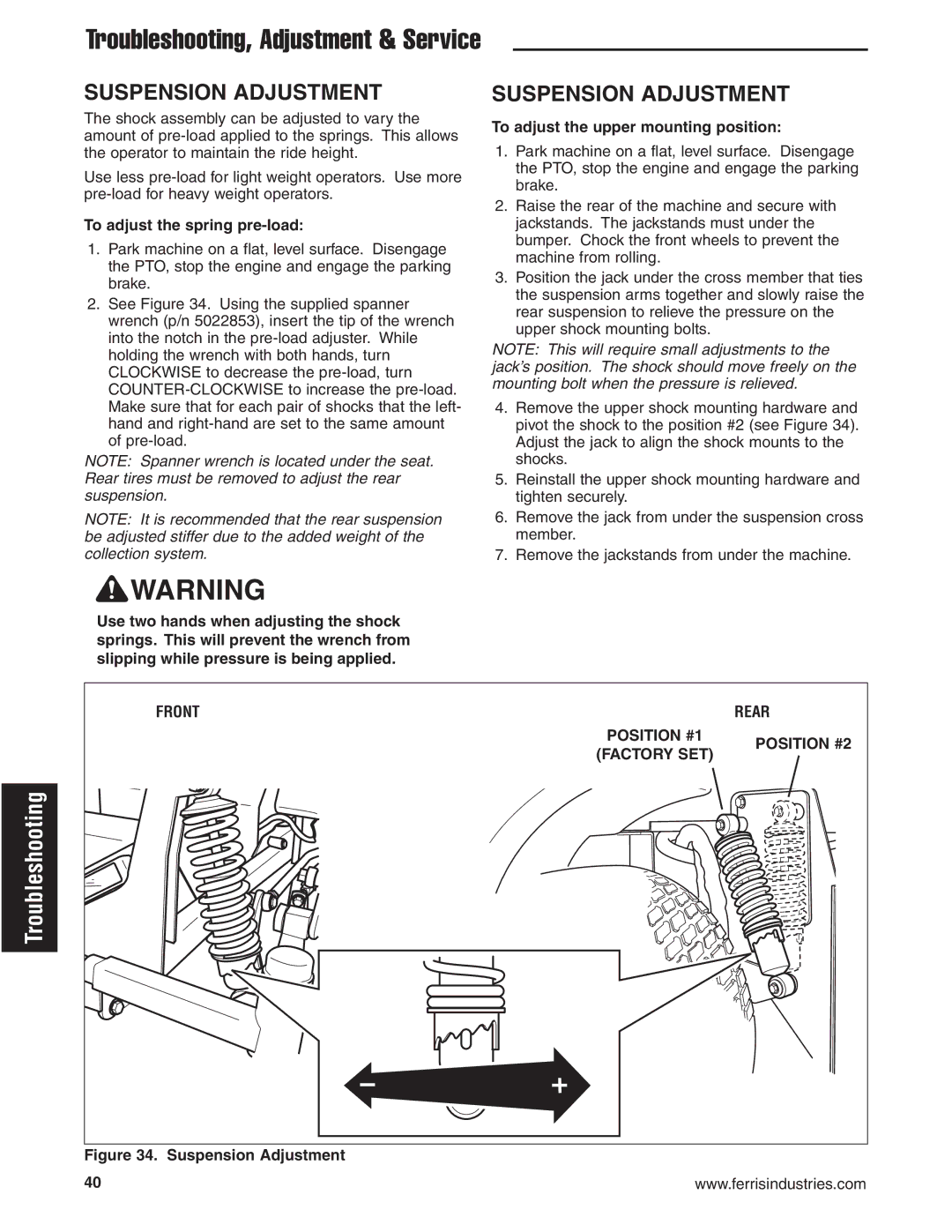 Ferris Industries 5900625 Suspension Adjustment, To adjust the spring pre-load, To adjust the upper mounting position 