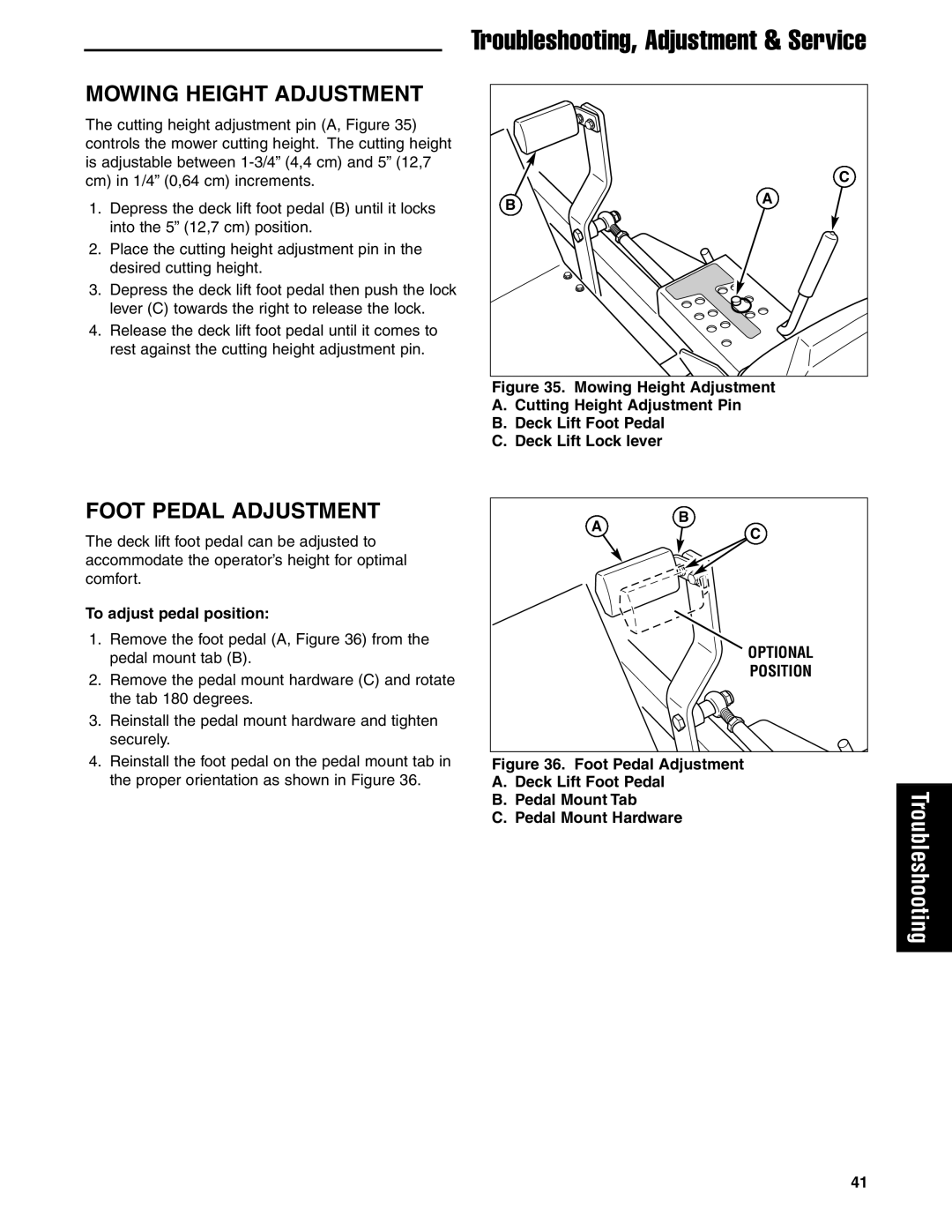 Ferris Industries 5900624, 5901170, 5900629 manual Mowing Height Adjustment, Foot Pedal Adjustment, To adjust pedal position 