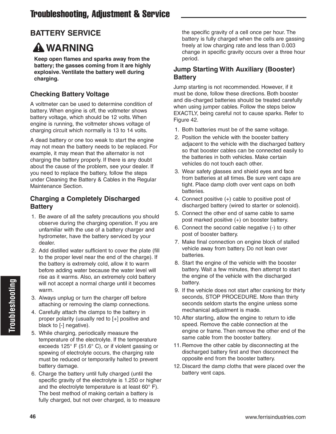 Ferris Industries 5900624, 5901170 Battery Service, Checking Battery Voltage, Charging a Completely Discharged Battery 