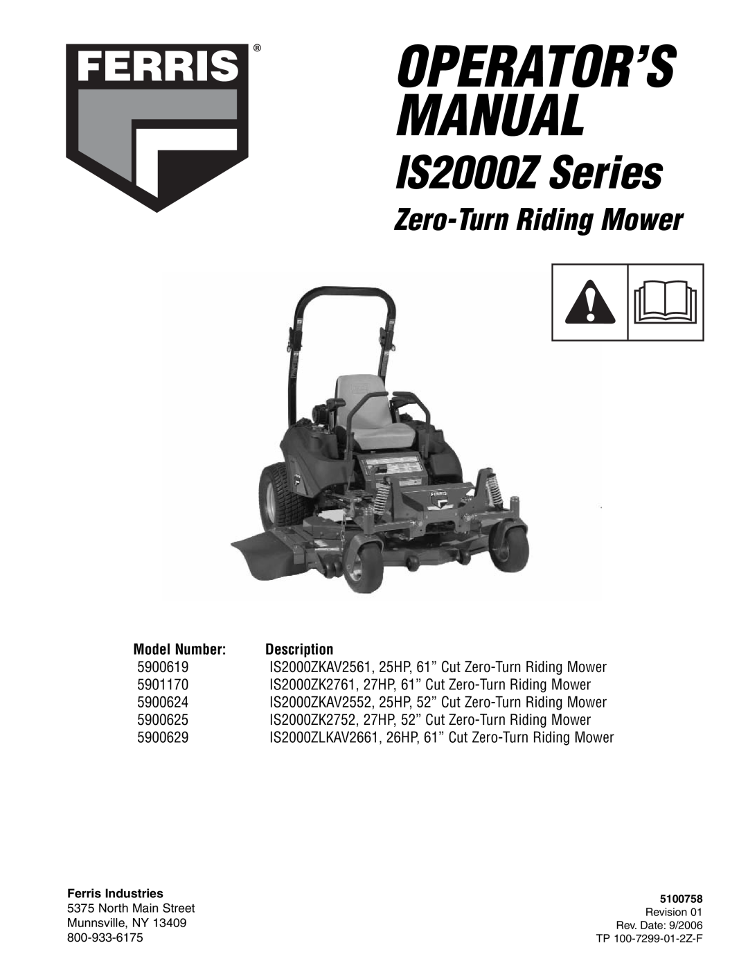Ferris Industries 5900629, 5901170, 5900625 manual IS2000Z Series, Zero-Turn Riding Mower, Manual, Operator’S, Description 