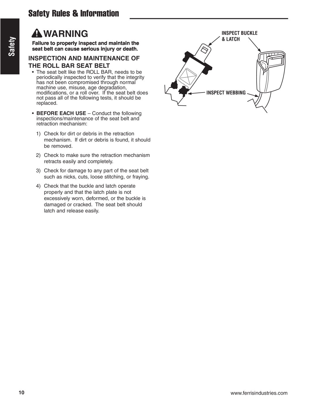 Ferris Industries 5900625, 5901170 manual Safety Rules & Information, Inspection And Maintenance Of The Roll Bar Seat Belt 