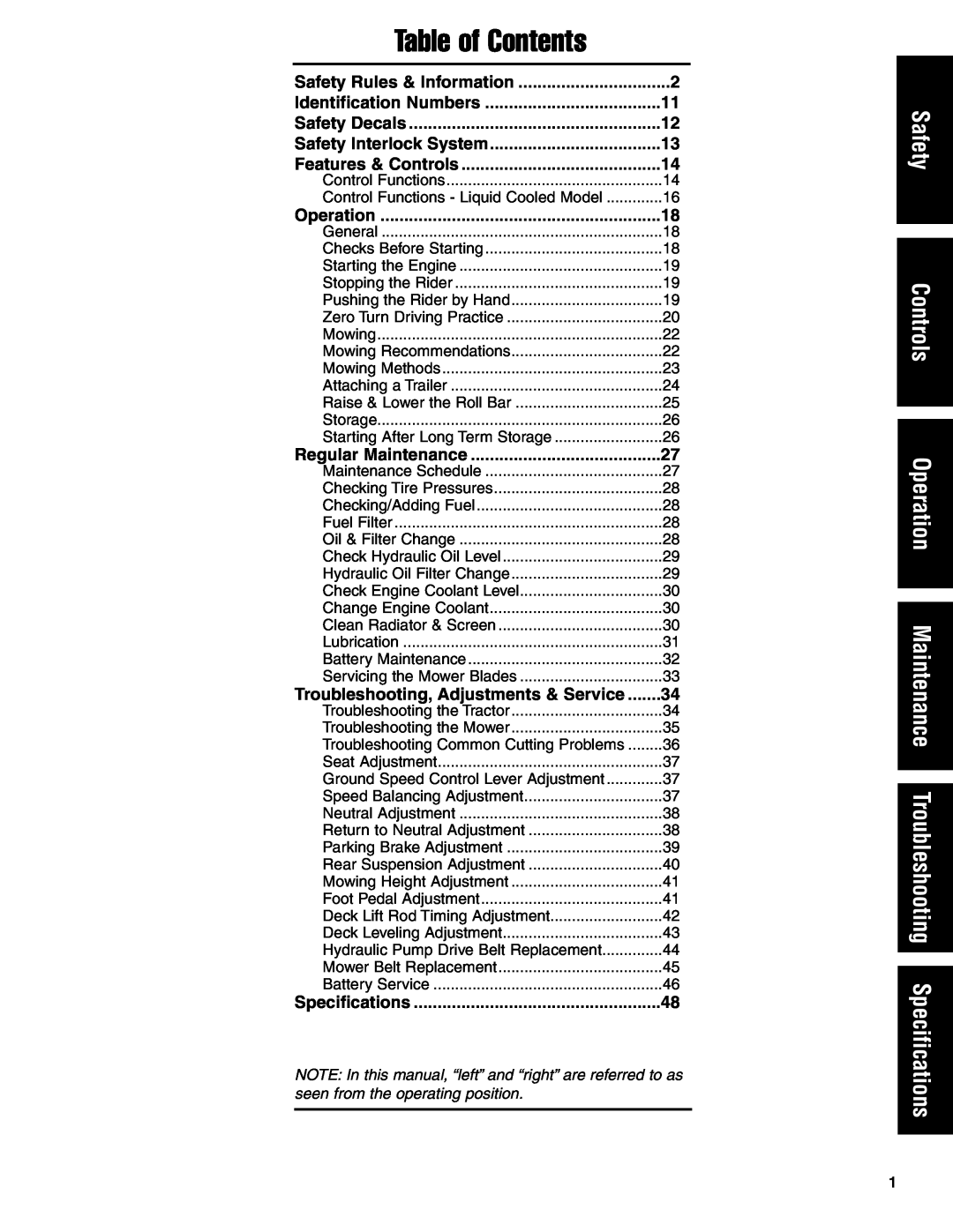 Ferris Industries 5900624, 5901170 Safety Controls Operation Maintenance Troubleshooting Specifications, Table of Contents 