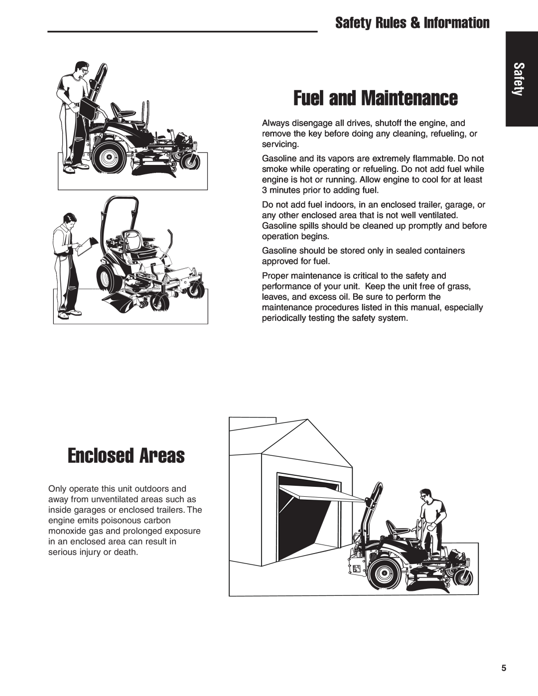 Ferris Industries 5900625, 5901170, 5900629, 5900624 manual Fuel and Maintenance, Enclosed Areas, Safety Rules & Information 