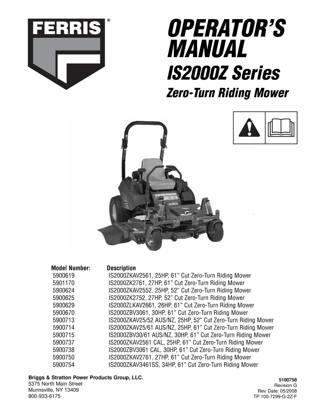 Ferris Industries 5900714 IS2000ZKAV25/61 AUS/NZ, 25HP, 61 CUT ZERO-TURN RIDING MOWER manual Model Number Description 