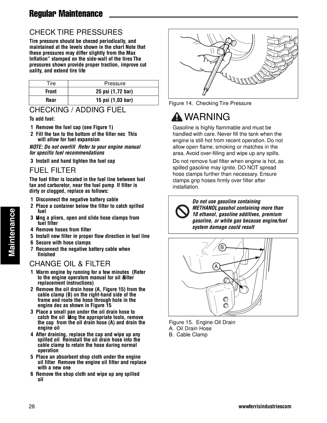 Ferris Industries 5900737 IS2000ZKAV2561 CAL, 25HP, 61 CUT ZERO-TURN RIDING MOWER manual Check Tire Pressures, Fuel Filter 