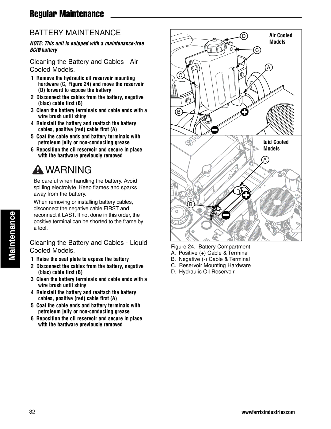 Ferris Industries 5900715 IS2000ZBV30/61 AUS/NZ, 30HP, 61 CUT ZERO-TURN RIDING MOWER manual Battery Maintenance 