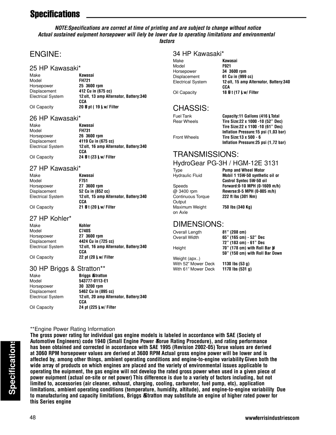 Ferris Industries 5900625 IS2000ZK2752, 27HP, 52 CUT ZERO-TURN RIDING MOWER Engine, Chassis, Transmissions, Dimensions 