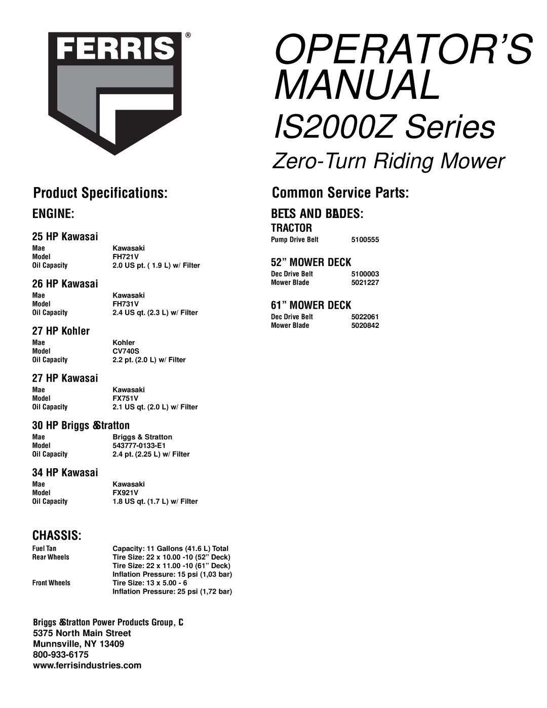 Ferris Industries 5901170 IS2000ZK2761, 27HP, 61 CUT ZERO-TURN RIDING MOWER manual Belts and Blades, Tractor, Mower Deck 