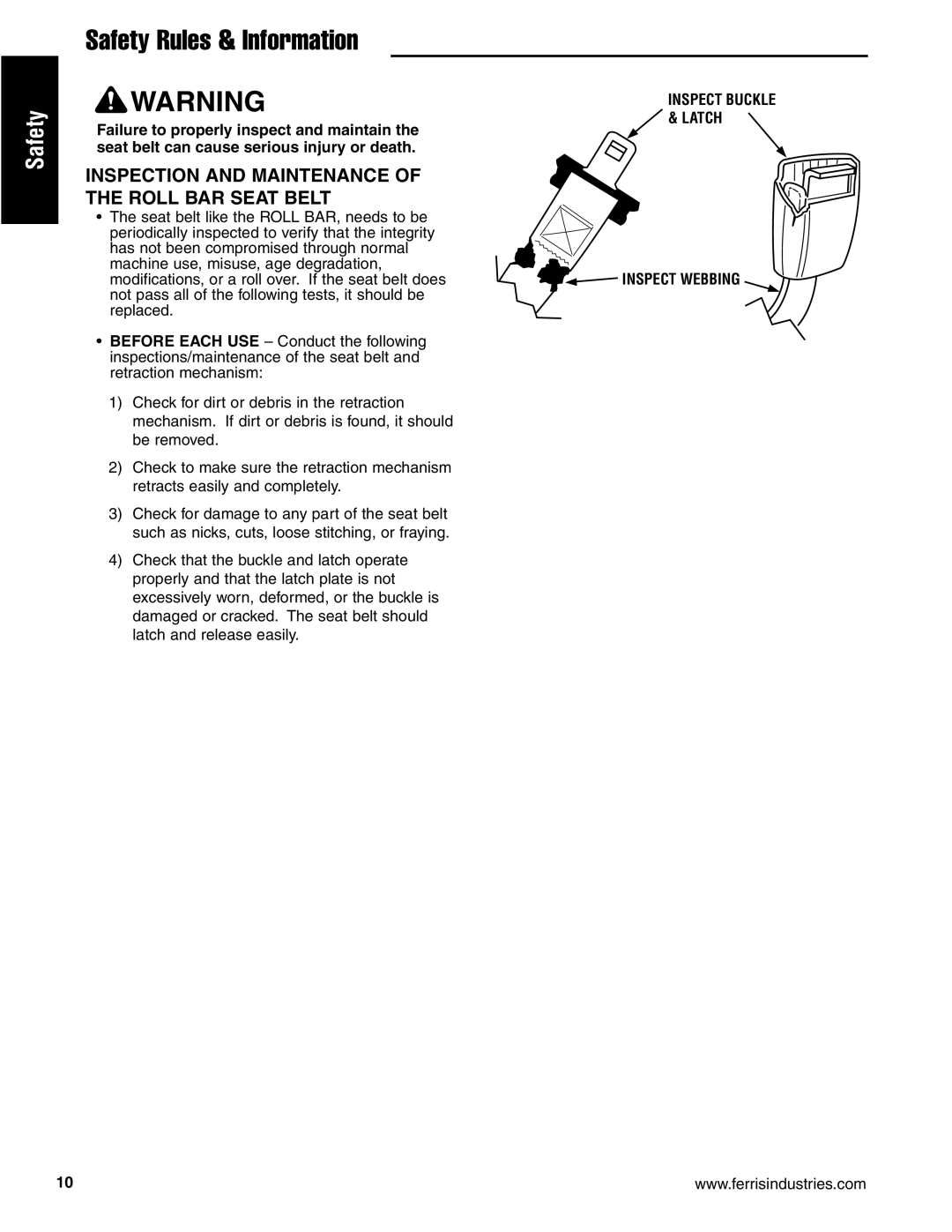 Ferris Industries 5901180, 5901181, 5901178, 5901179, 5900626, 5900621 Inspection and Maintenance of the Roll BAR Seat Belt 