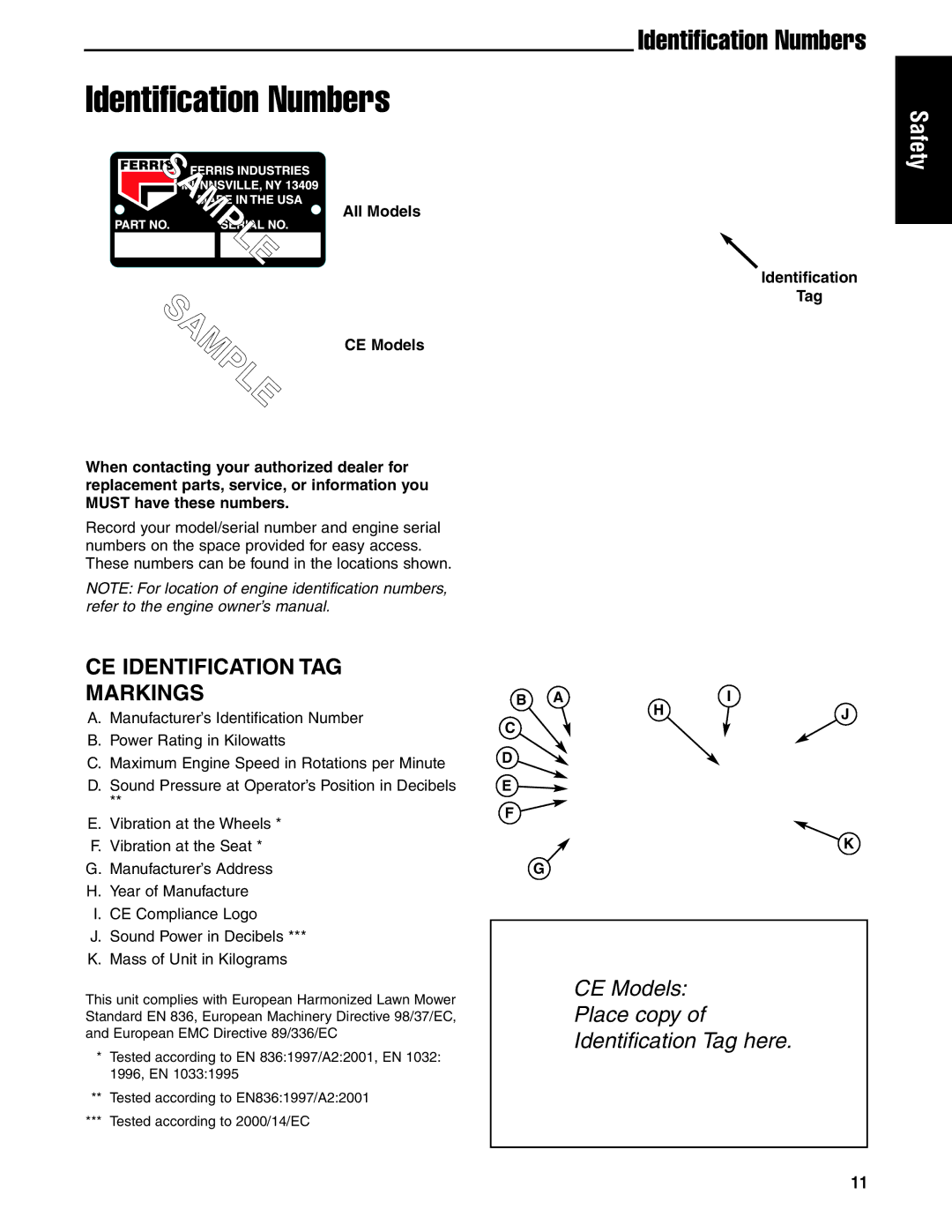 Ferris Industries 5901181, 5901180, 5901178 Identification Numbers, CE Identification TAG Markings, All Models, CE Models 