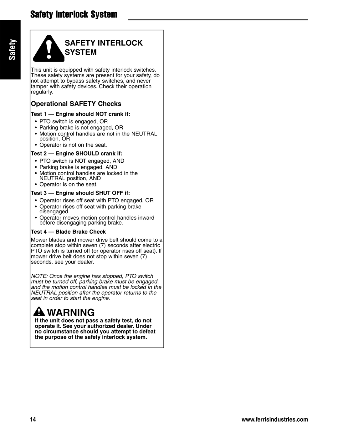 Ferris Industries 5900626, 5901180, 5901181, 5901178, 5901179, 5900621 manual Safety Interlock System, Operational Safety Checks 