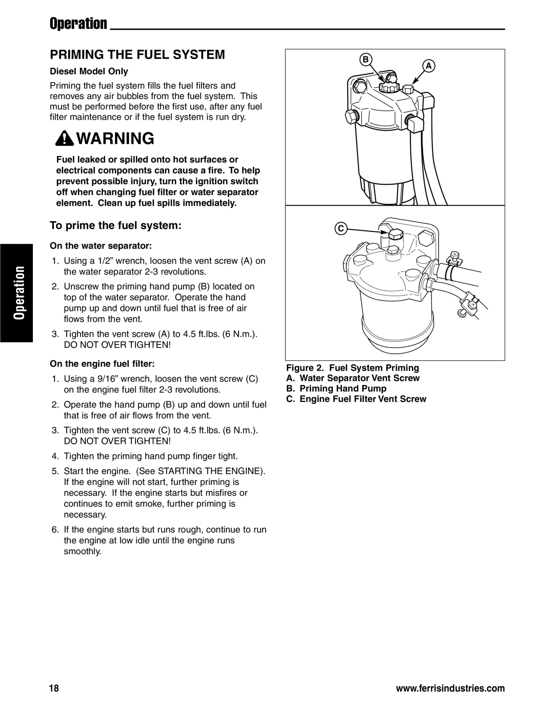 Ferris Industries 5901178 Priming the Fuel System, To prime the fuel system, Diesel Model Only, On the water separator 