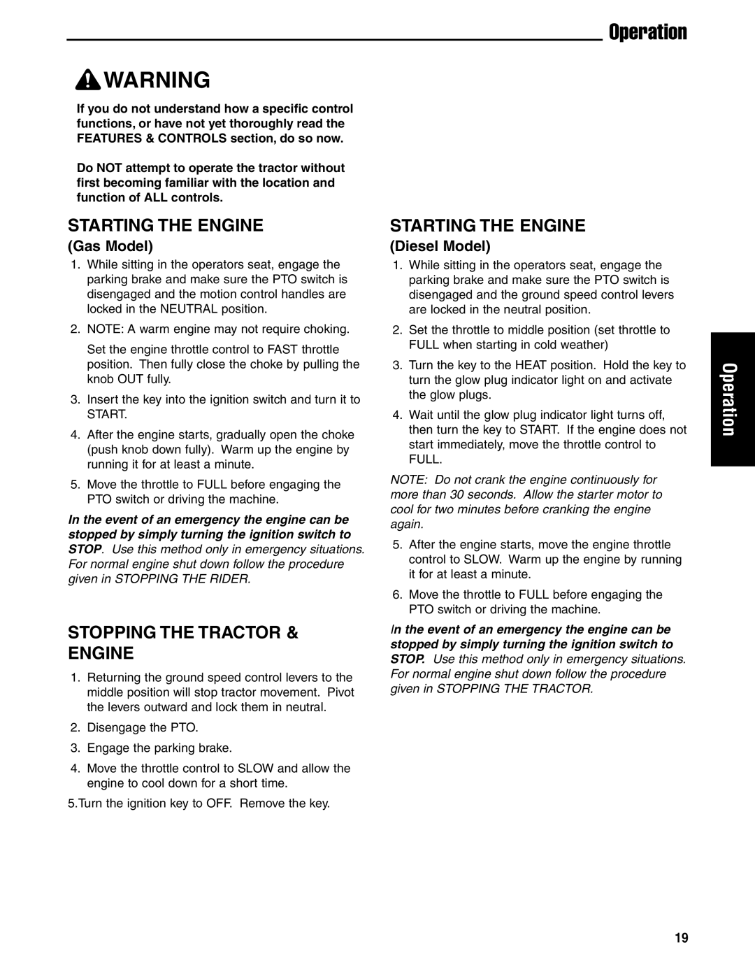 Ferris Industries 5901179, 5901180, 5901181 Starting the Engine, Stopping the Tractor & Engine, Gas Model, Diesel Model 