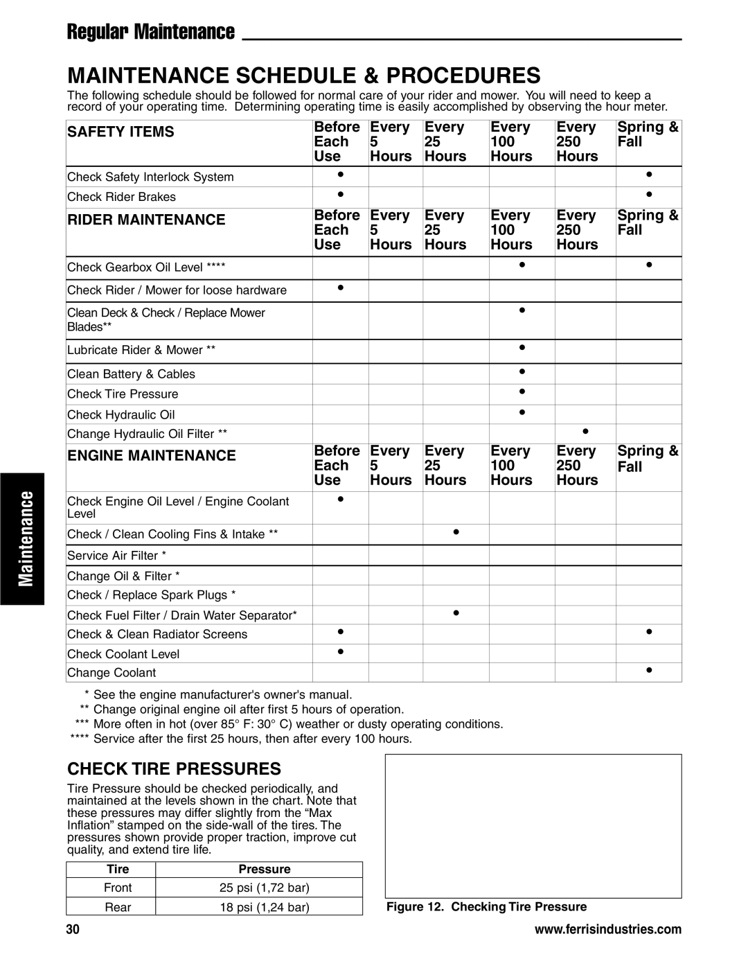 Ferris Industries 5901178 Regular Maintenance, Check Tire Pressures, Safety Items, Rider Maintenance, Engine Maintenance 