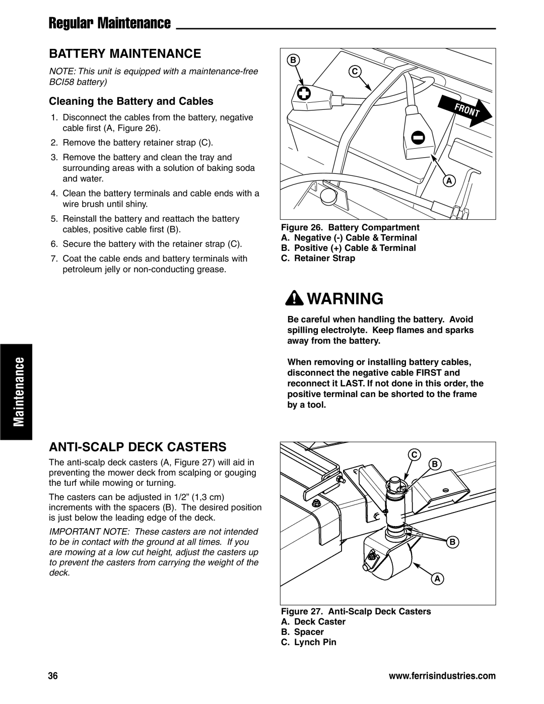 Ferris Industries 5901178, 5901180, 5901181 Battery Maintenance, ANTI-SCALP Deck Casters, Cleaning the Battery and Cables 