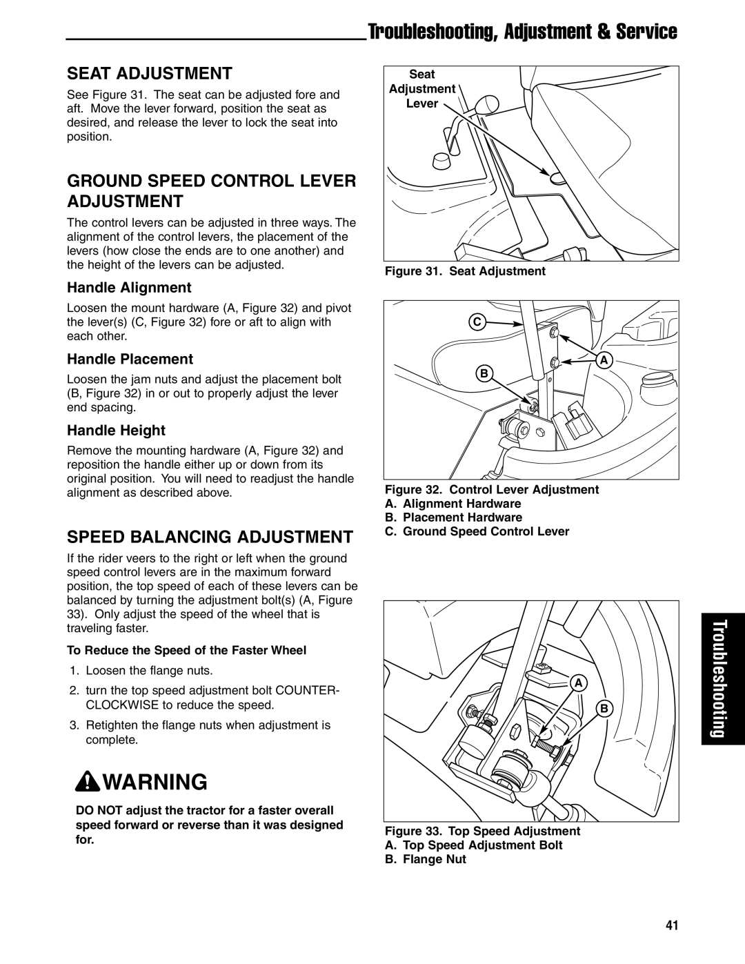 Ferris Industries 5901181, 5901180 manual Seat Adjustment, Ground Speed Control Lever Adjustment, Speed Balancing Adjustment 