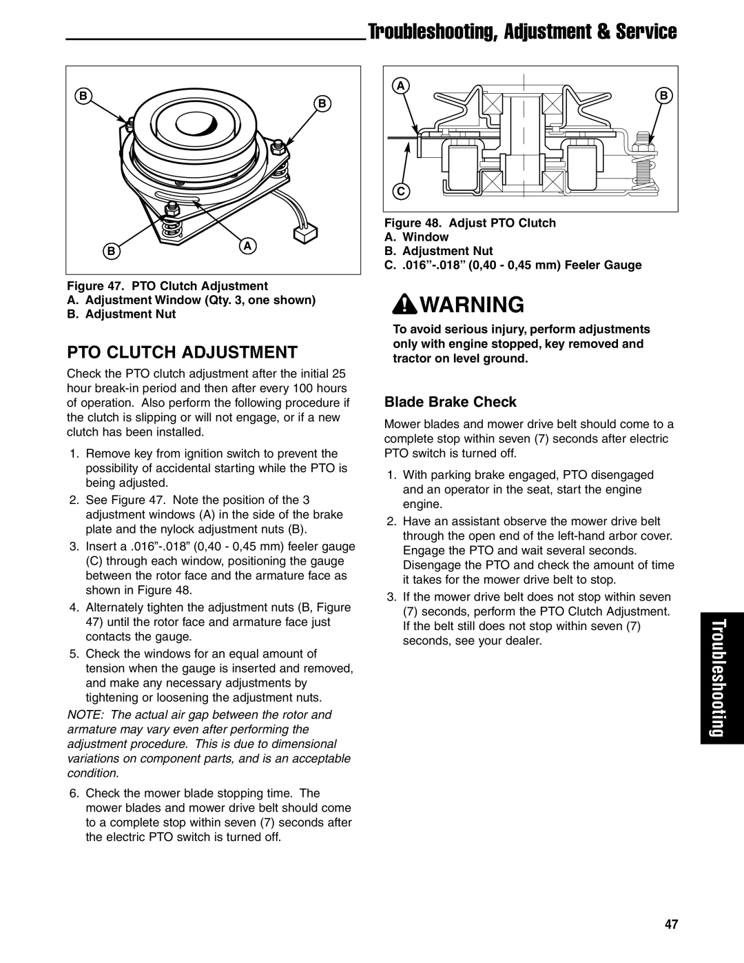 Ferris Industries 5901181, 5901180, 5901178, 5901179, 5900626, 5900621 manual PTO Clutch Adjustment, Blade Brake Check 