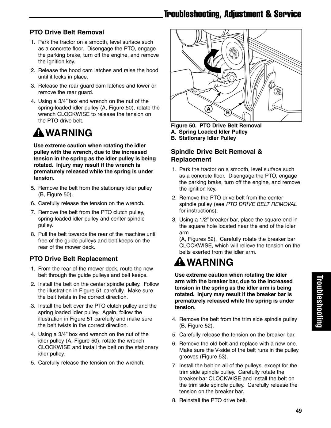 Ferris Industries 5901179 manual PTO Drive Belt Removal, PTO Drive Belt Replacement, Spindle Drive Belt Removal Replacement 