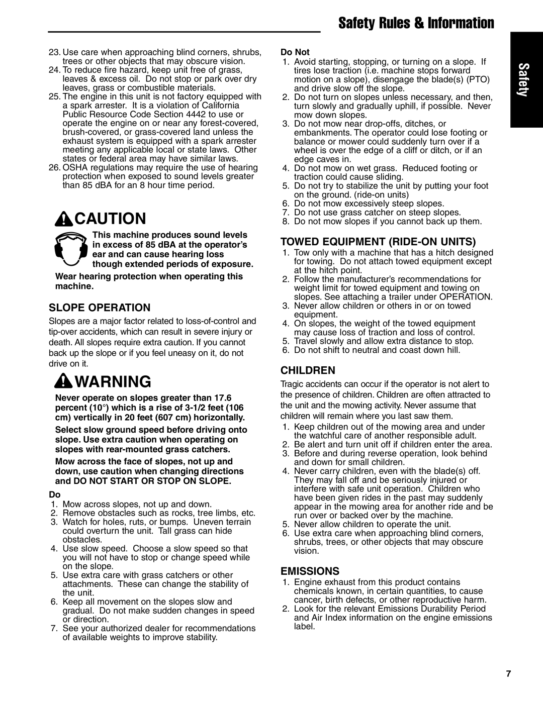 Ferris Industries 5901179, 5901180, 5901181 Slope Operation, Towed Equipment RIDE-ON Units, Children, Emissions, Do Not 