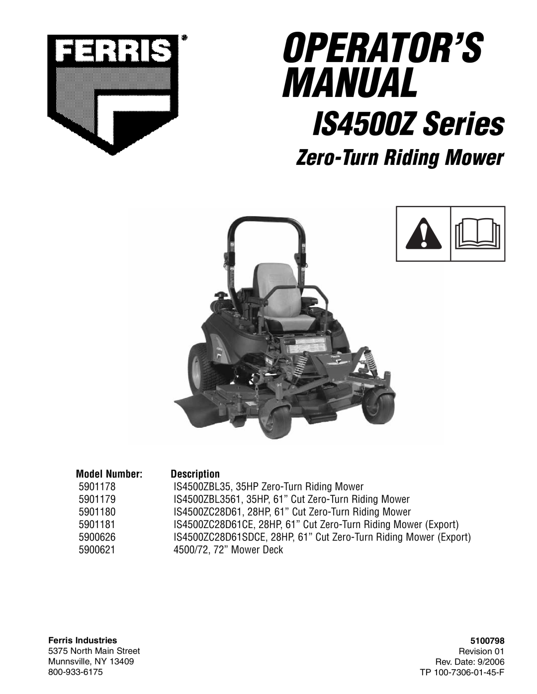 Ferris Industries 5901181 manual IS4500Z Series, Zero-TurnRiding Mower, Manual, Operator’S, 4500/72, 72” Mower Deck 