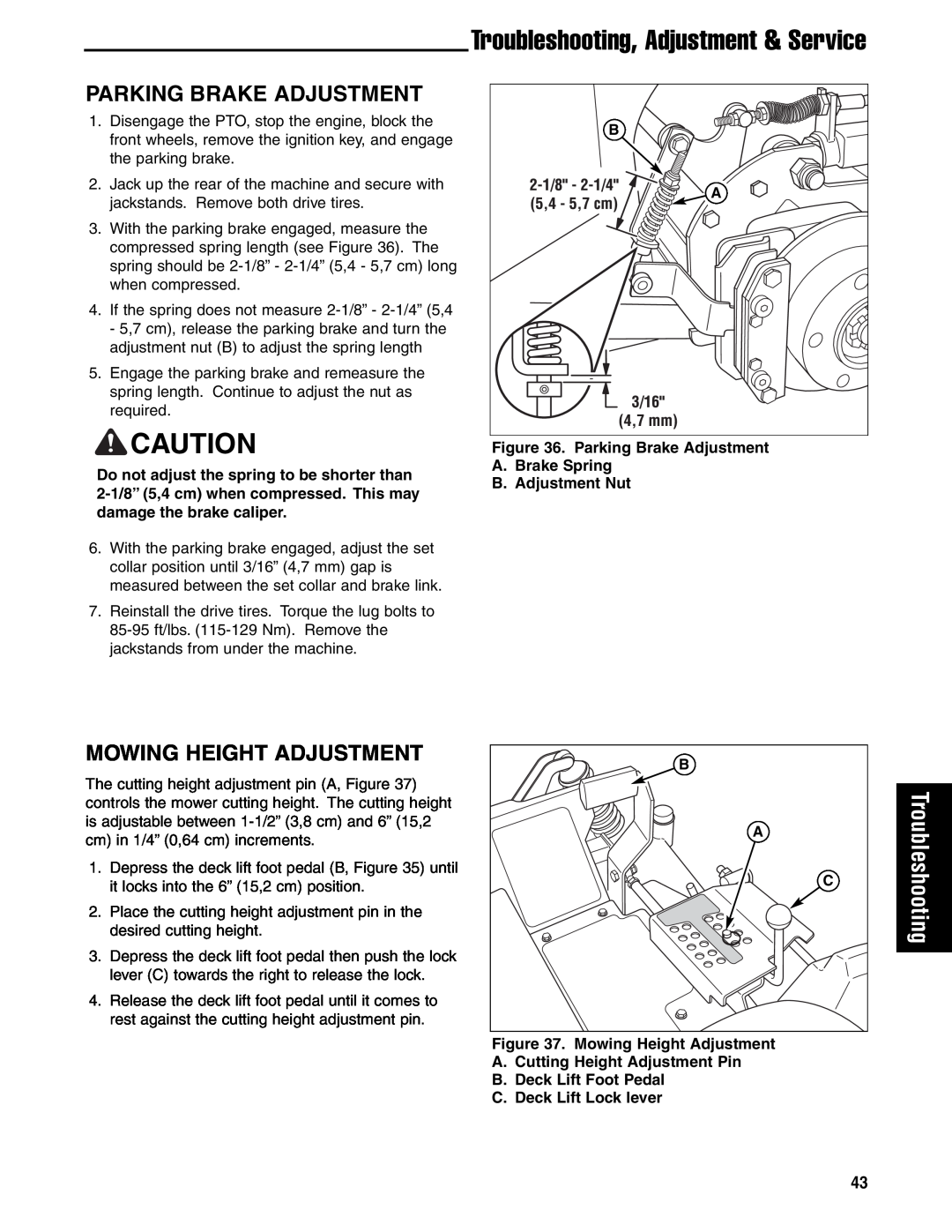 Ferris Industries 5901179 manual Parking Brake Adjustment, Mowing Height Adjustment, Troubleshooting, Adjustment & Service 