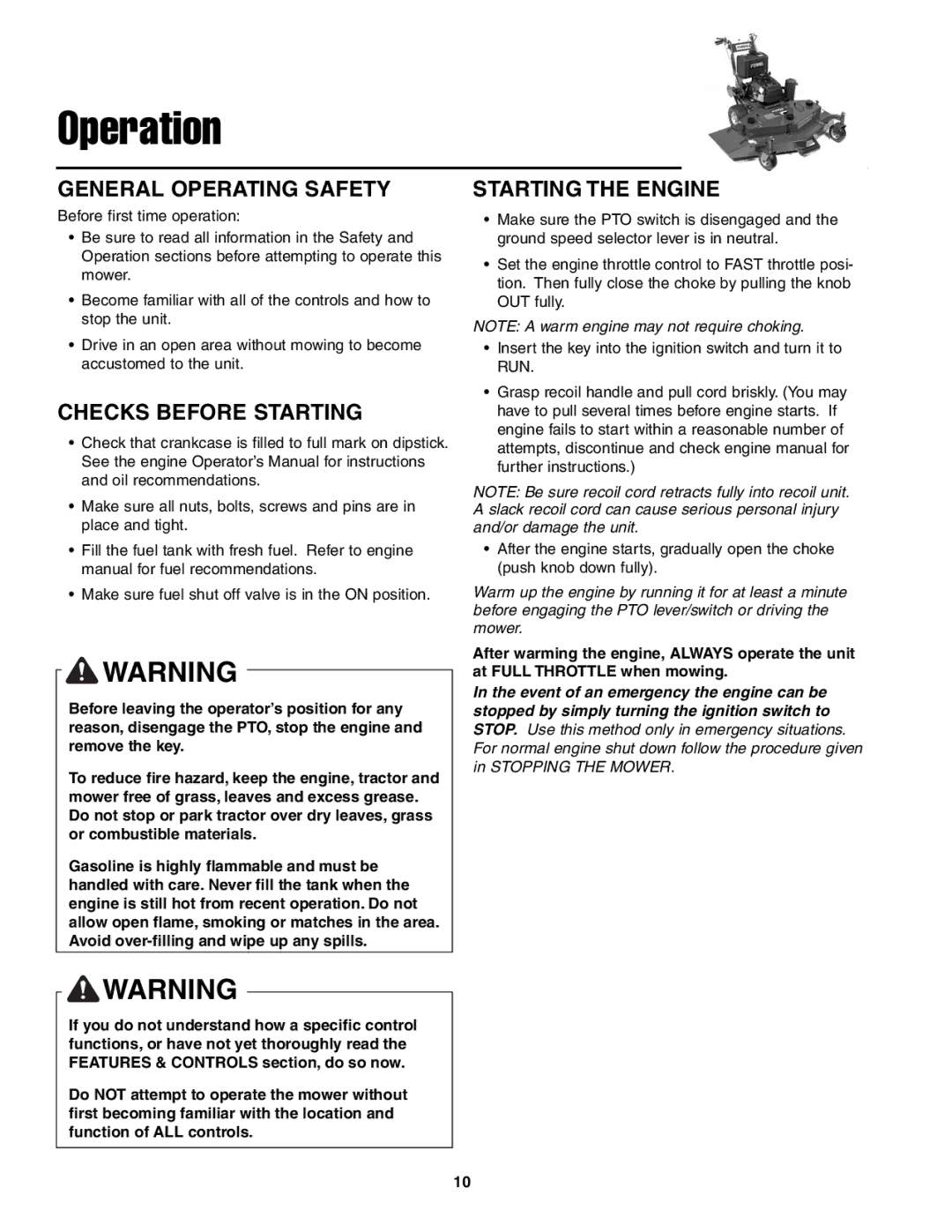 Ferris Industries BGF36KAV15, BGF48KAV15 manual General Operating Safety, Checks Before Starting, Starting the Engine 