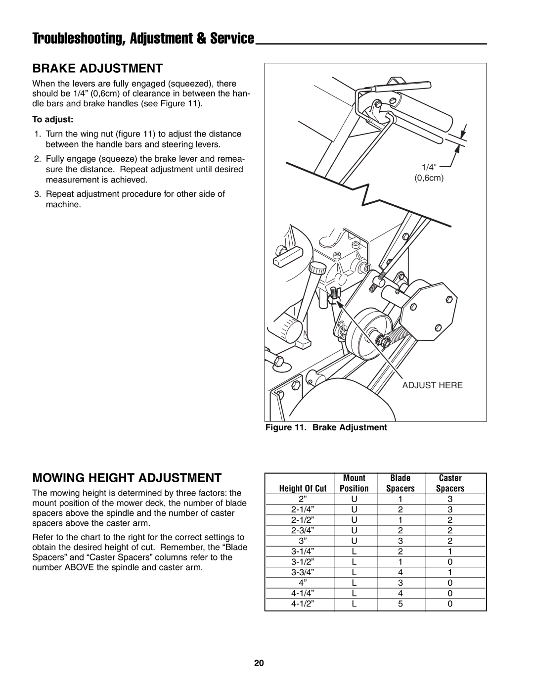 Ferris Industries BGF36KAV15, BGF48KAV15 manual Brake Adjustment, Mowing Height Adjustment, Mount Blade Caster Height Of Cut 