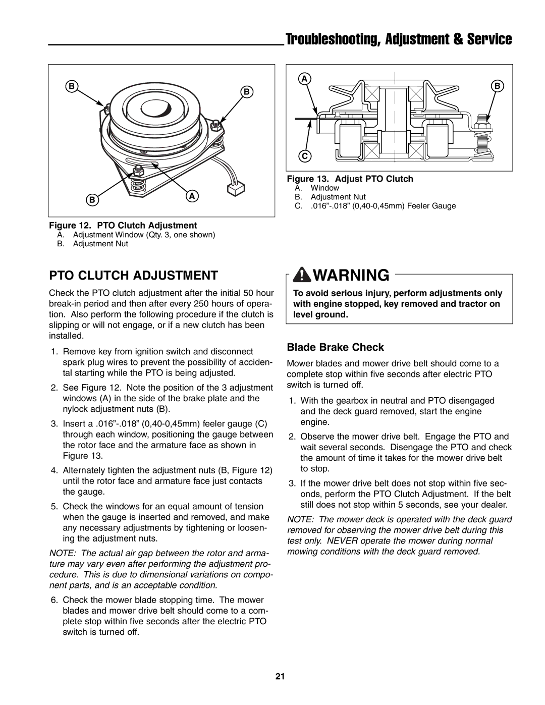 Ferris Industries BGF48KAV15, BGF36KAV15 manual PTO Clutch Adjustment, Blade Brake Check 