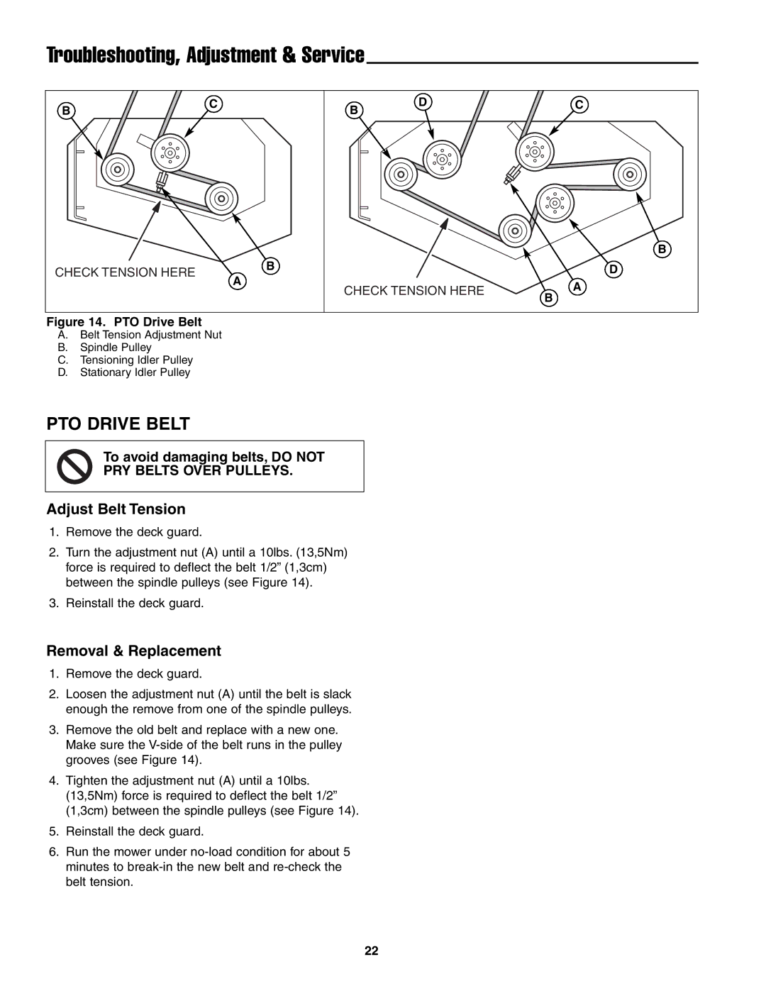 Ferris Industries BGF36KAV15, BGF48KAV15 manual PTO Drive Belt, Adjust Belt Tension, Removal & Replacement 