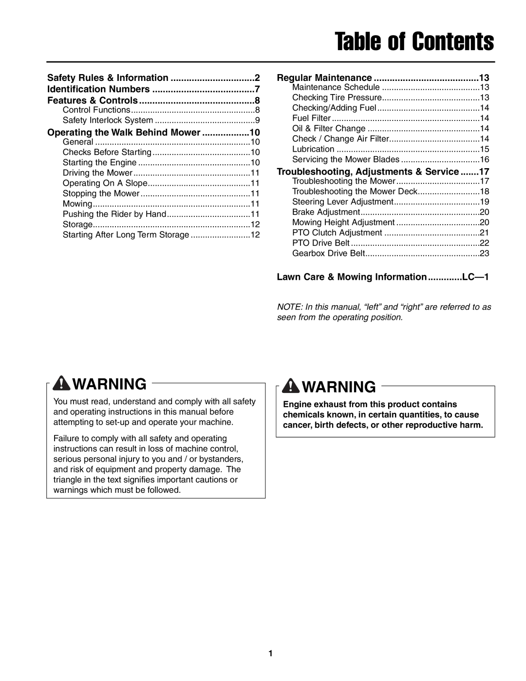 Ferris Industries BGF48KAV15, BGF36KAV15 manual Table of Contents 