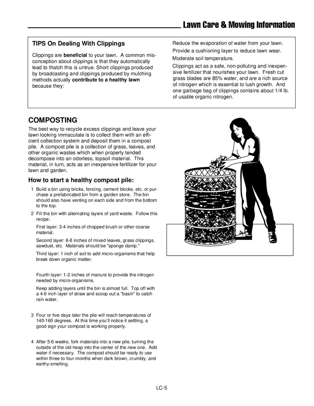 Ferris Industries BGF48KAV15, BGF36KAV15 Composting, Tips On Dealing With Clippings, How to start a healthy compost pile 